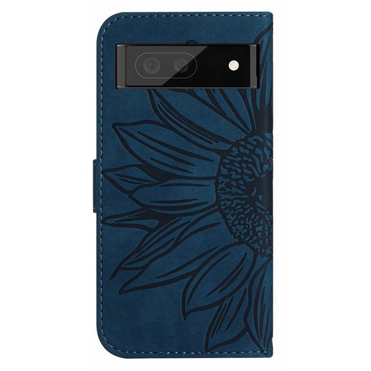 For Google Pixel 7 5G HT04 Imprinted Sunflower Anti-scratch Phone Case PU Leather Stand Wallet Skin-Touch Smartphone Cover with Hand Strap - Dark Blue