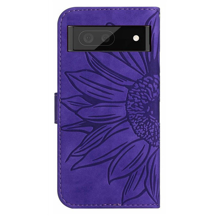 For Google Pixel 7 5G HT04 Imprinted Sunflower Anti-scratch Phone Case PU Leather Stand Wallet Skin-Touch Smartphone Cover with Hand Strap - Dark Purple