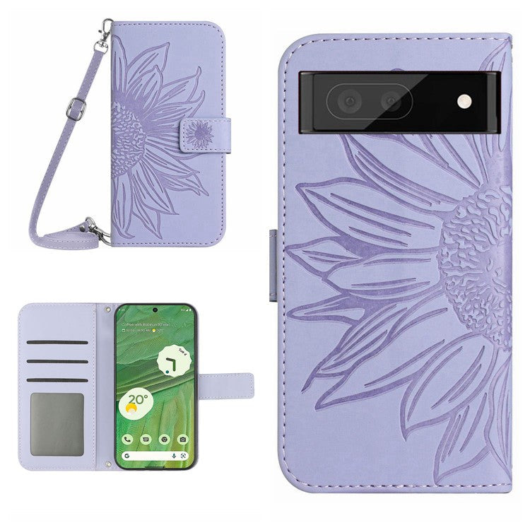 HT04 Skin-friendly Phone Case For Google Pixel 7 5G, Wallet Stand Imprinted Sunflower Shockproof Cell Phone Cover with Shoulder Strap - Light Purple