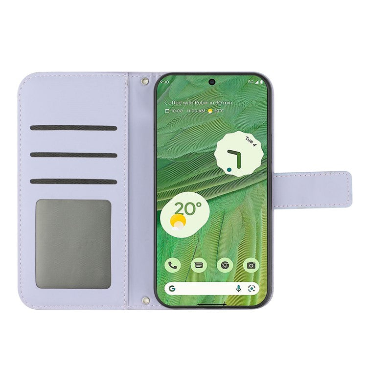 HT04 Skin-friendly Phone Case For Google Pixel 7 5G, Wallet Stand Imprinted Sunflower Shockproof Cell Phone Cover with Shoulder Strap - Light Purple