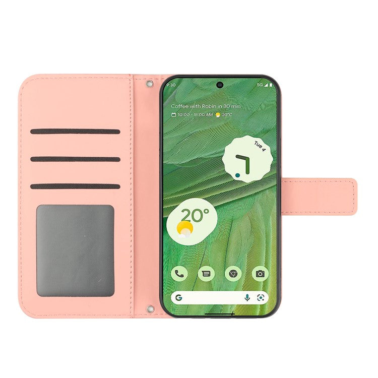 HT04 Skin-friendly Phone Case For Google Pixel 7 5G, Wallet Stand Imprinted Sunflower Shockproof Cell Phone Cover with Shoulder Strap - Light Pink