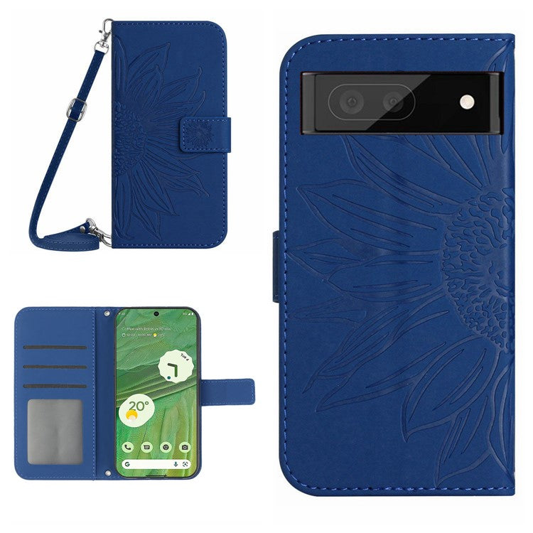HT04 Skin-friendly Phone Case For Google Pixel 7 5G, Wallet Stand Imprinted Sunflower Shockproof Cell Phone Cover with Shoulder Strap - Sapphire