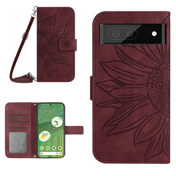 HT04 Skin-friendly Phone Case For Google Pixel 7 5G, Wallet Stand Imprinted Sunflower Shockproof Cell Phone Cover with Shoulder Strap - Wine Red
