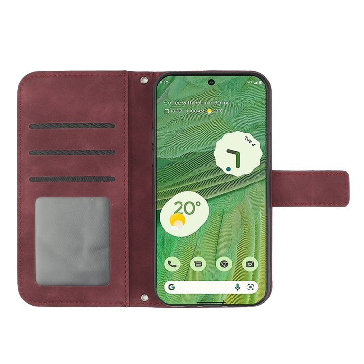 HT04 Skin-friendly Phone Case For Google Pixel 7 5G, Wallet Stand Imprinted Sunflower Shockproof Cell Phone Cover with Shoulder Strap - Wine Red