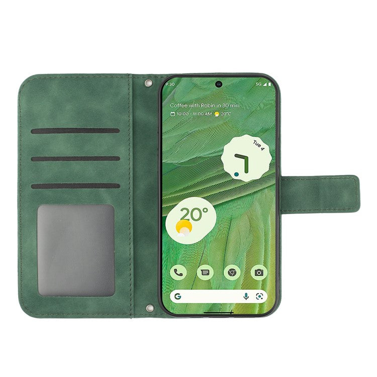 HT04 Skin-friendly Phone Case For Google Pixel 7 5G, Wallet Stand Imprinted Sunflower Shockproof Cell Phone Cover with Shoulder Strap - Dark Green