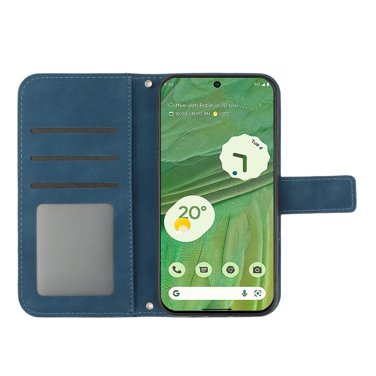 HT04 Skin-friendly Phone Case For Google Pixel 7 5G, Wallet Stand Imprinted Sunflower Shockproof Cell Phone Cover with Shoulder Strap - Dark Blue