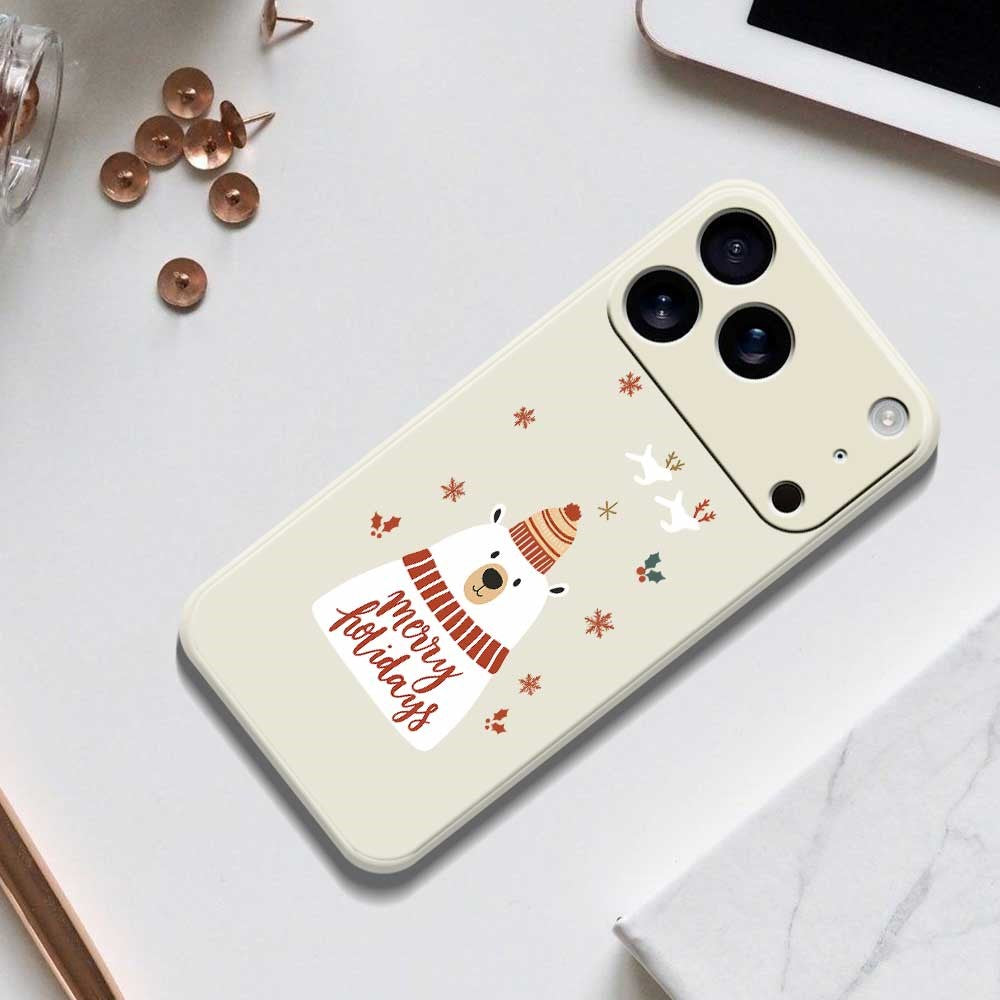 For iPhone 17 Pro Max Case Merry Holiday Bear Pattern Printing Straight Edge TPU Phone Back Cover - Beige