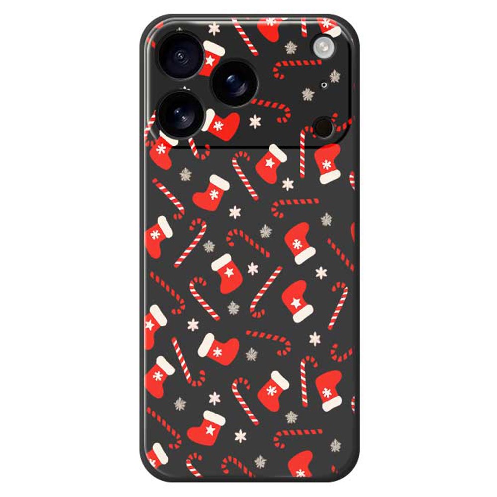 For iPhone 17 Pro Max Case Red Canes and Stockings Pattern Printing Straight Edge TPU Phone Back Cover - Black