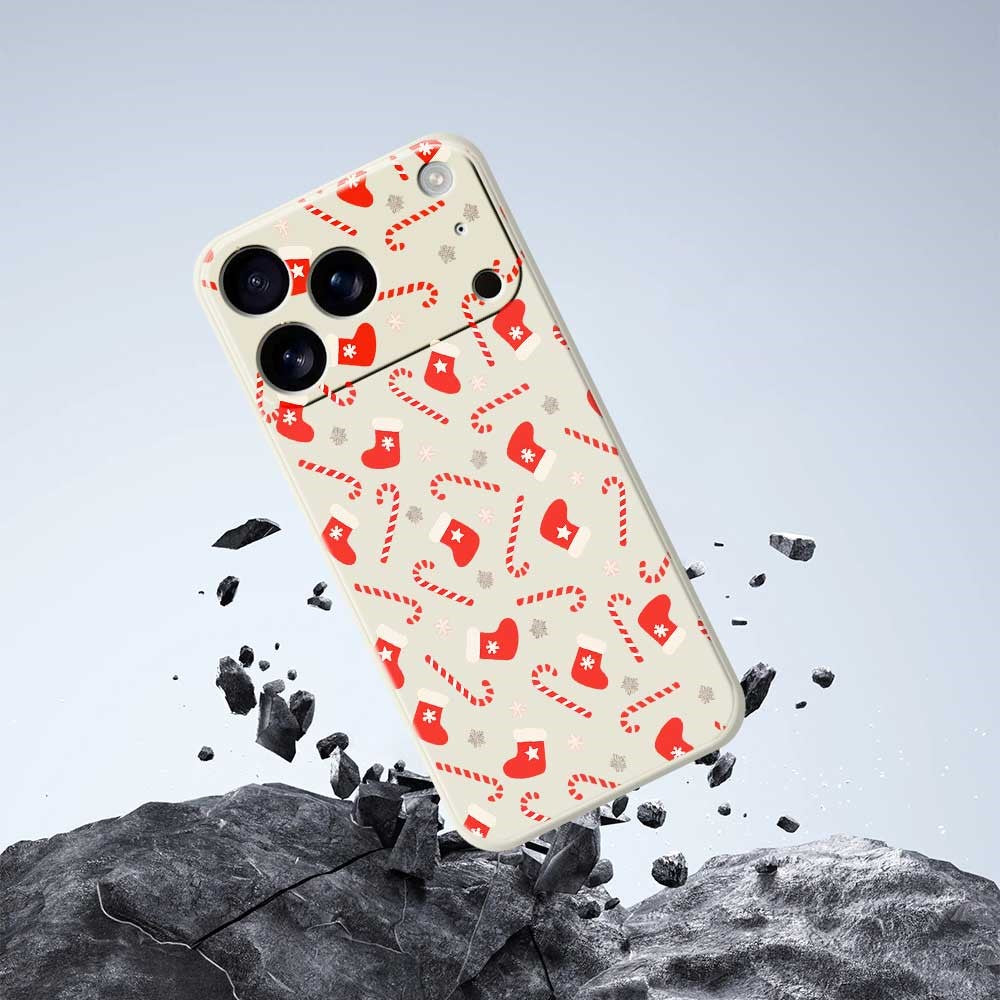 For iPhone 17 Pro Max Case Red Canes and Stockings Pattern Printing Straight Edge TPU Phone Back Cover - Black