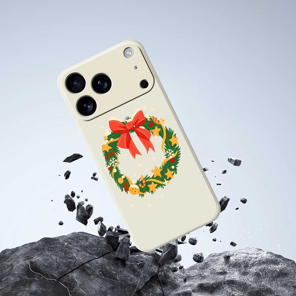 For iPhone 17 Pro Max Case Bow Wreath Pattern Printing Straight Edge TPU Phone Back Cover - Beige