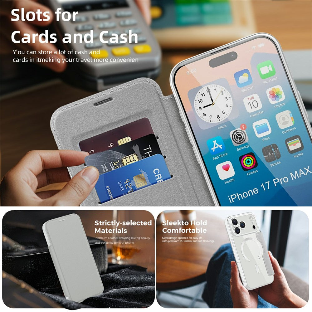 For iPhone 17 Pro Max Case Compatible with MagSafe RFID Blocking Card Holder Leather Phone Cover - Titanium Grey