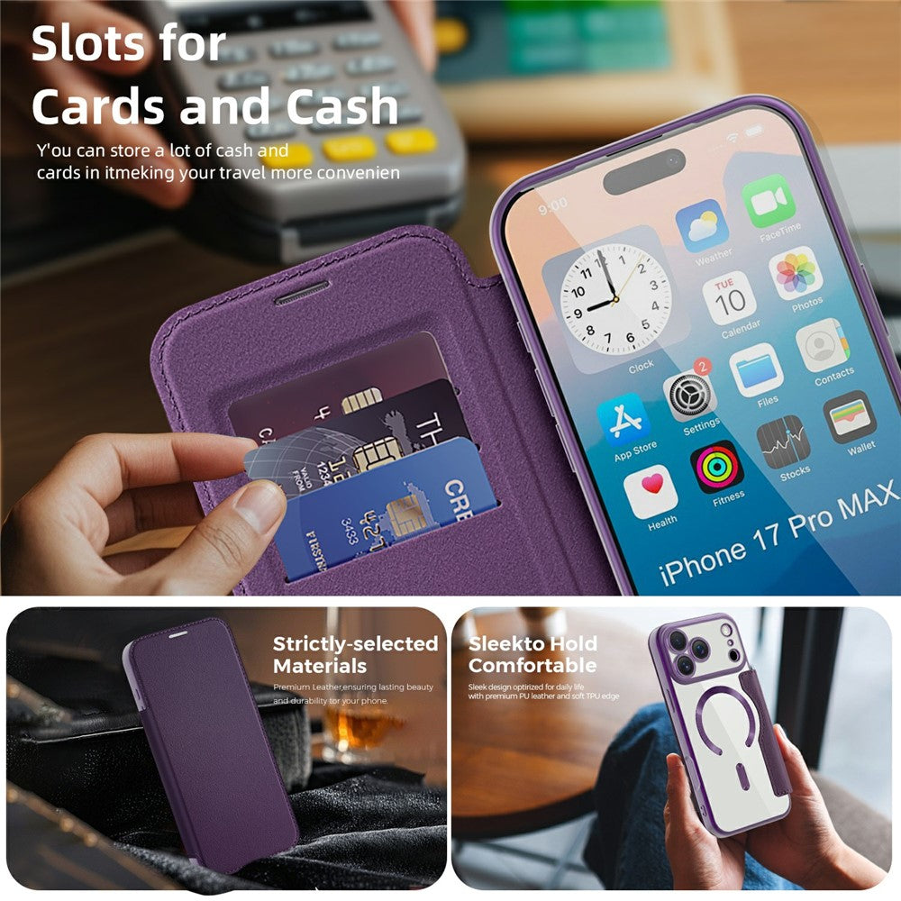For iPhone 17 Pro Max Case Compatible with MagSafe RFID Blocking Card Holder Leather Phone Cover - Dark Purple