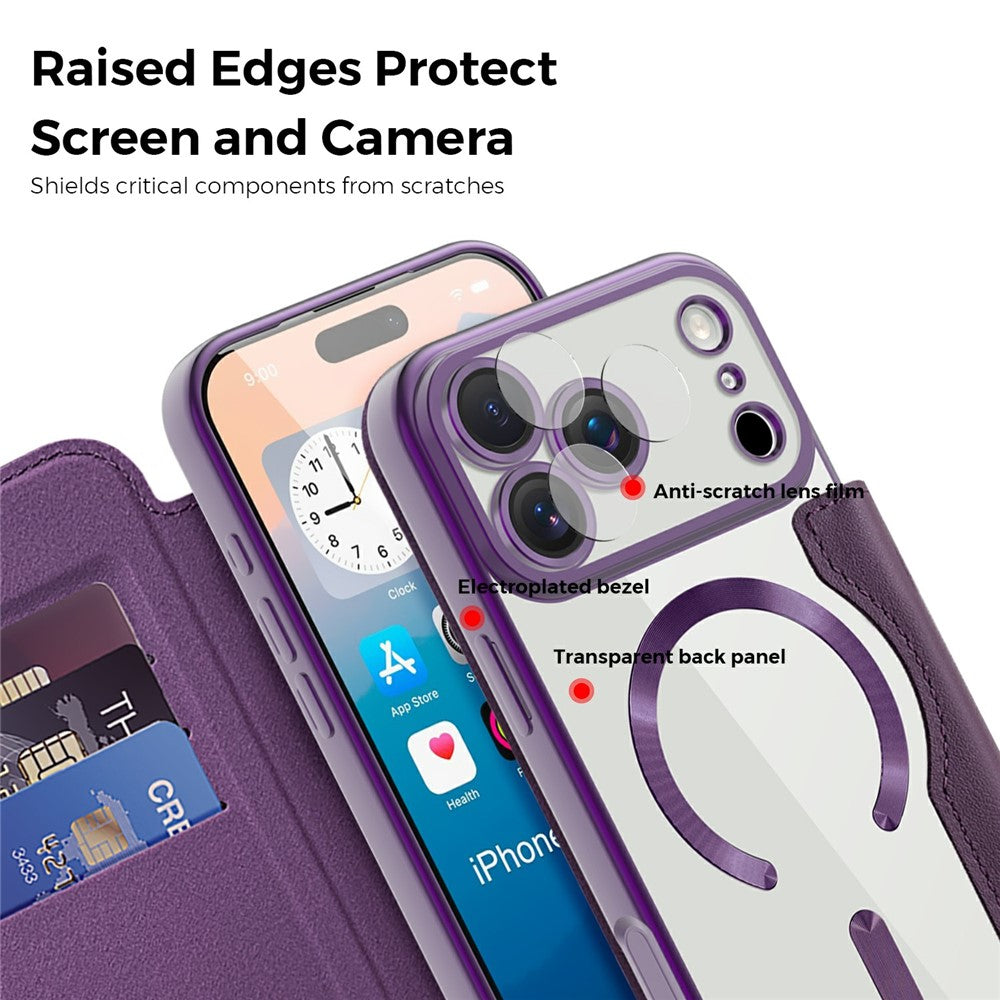 For iPhone 17 Pro Max Case Compatible with MagSafe RFID Blocking Card Holder Leather Phone Cover - Dark Purple