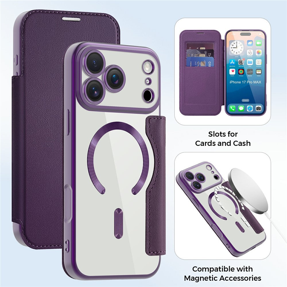 For iPhone 17 Pro Max Case Compatible with MagSafe RFID Blocking Card Holder Leather Phone Cover - Dark Purple