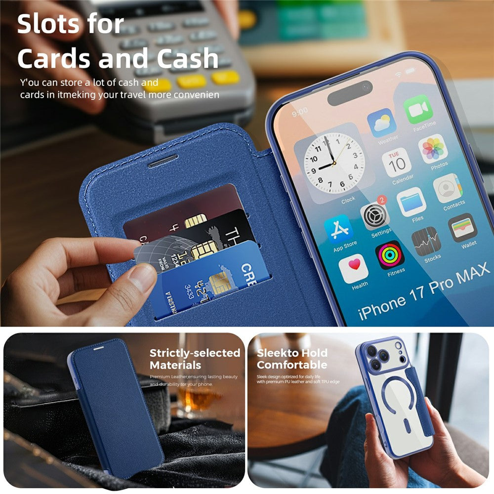 For iPhone 17 Pro Max Case Compatible with MagSafe RFID Blocking Card Holder Leather Phone Cover - Sapphire