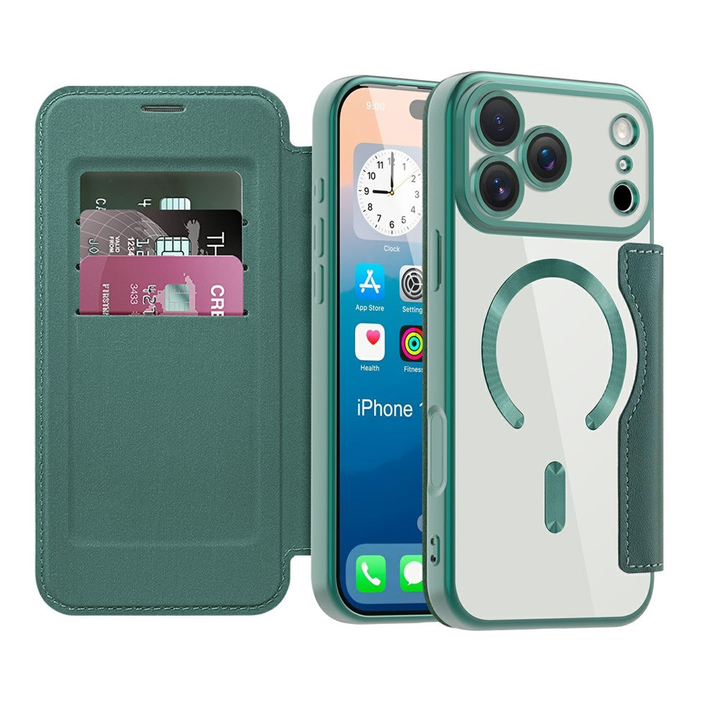 For iPhone 17 Pro Max Case Compatible with MagSafe RFID Blocking Card Holder Leather Phone Cover - Blackish Green
