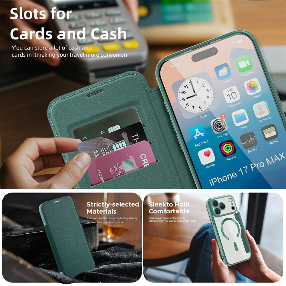 For iPhone 17 Pro Max Case Compatible with MagSafe RFID Blocking Card Holder Leather Phone Cover - Blackish Green