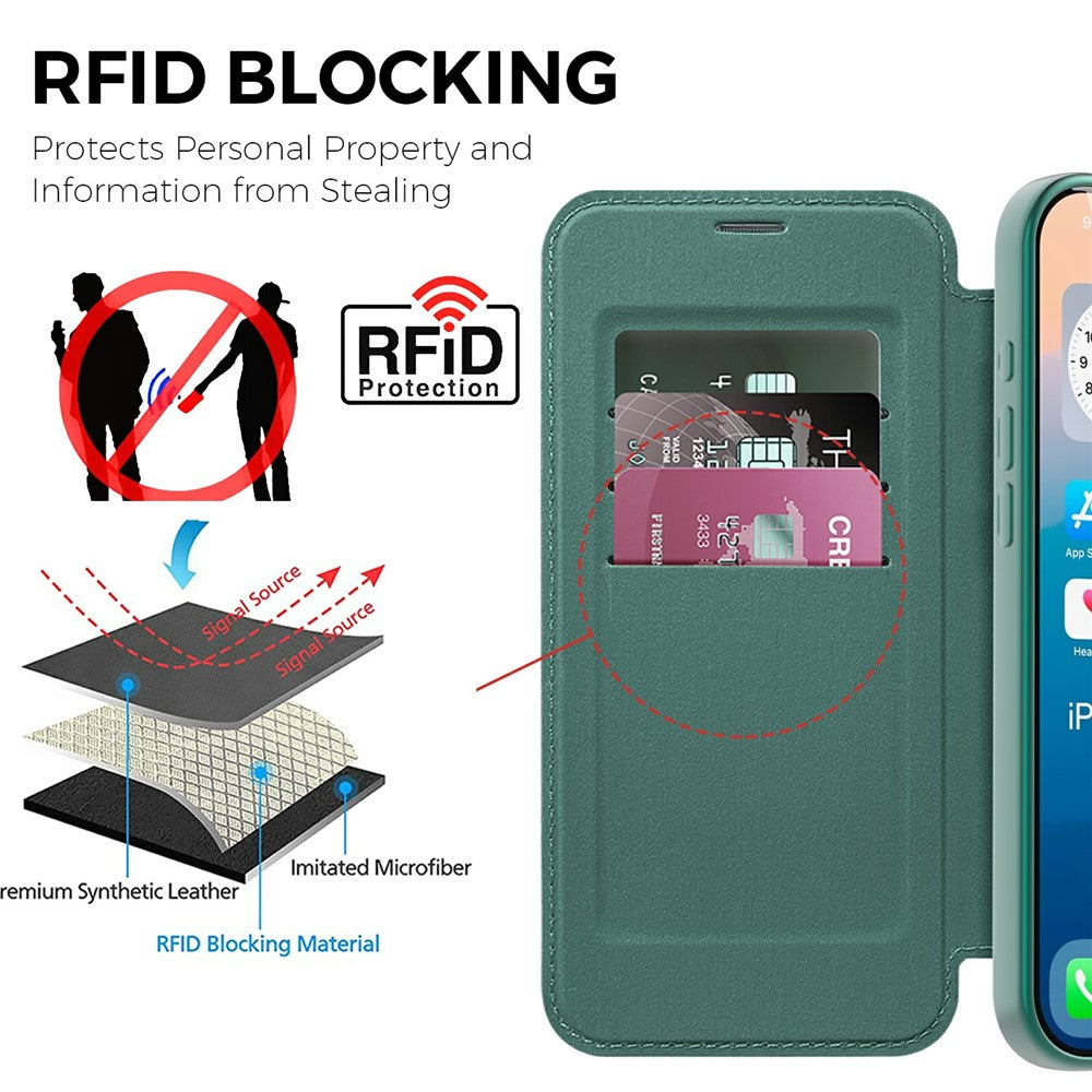 For iPhone 17 Pro Max Case Compatible with MagSafe RFID Blocking Card Holder Leather Phone Cover - Blackish Green