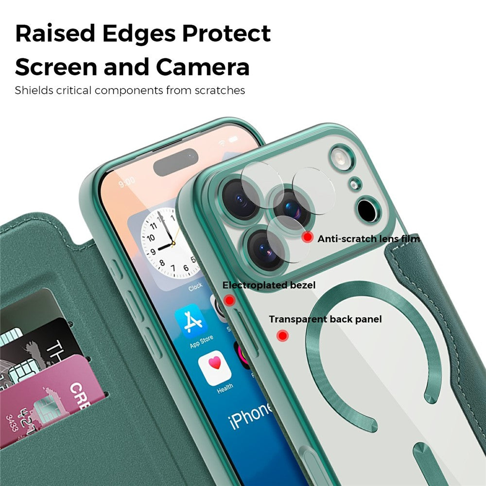 For iPhone 17 Pro Max Case Compatible with MagSafe RFID Blocking Card Holder Leather Phone Cover - Blackish Green