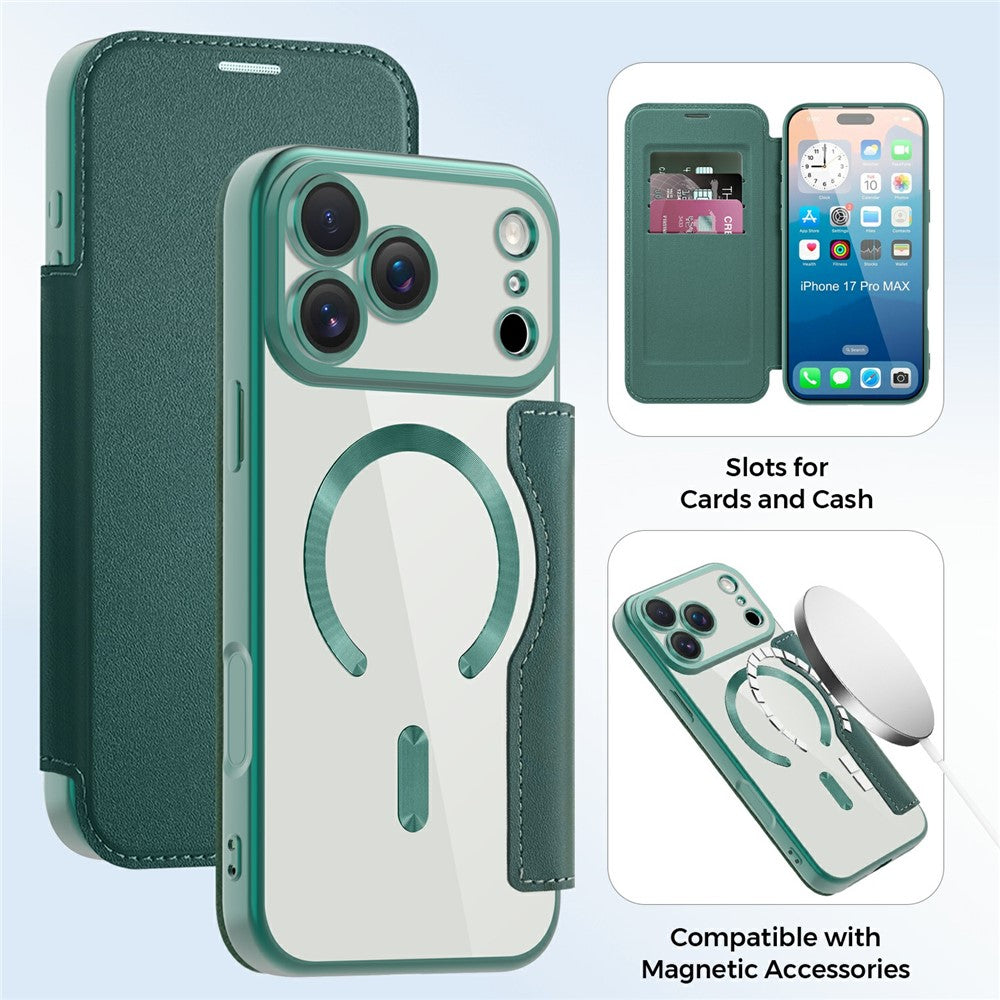For iPhone 17 Pro Max Case Compatible with MagSafe RFID Blocking Card Holder Leather Phone Cover - Blackish Green