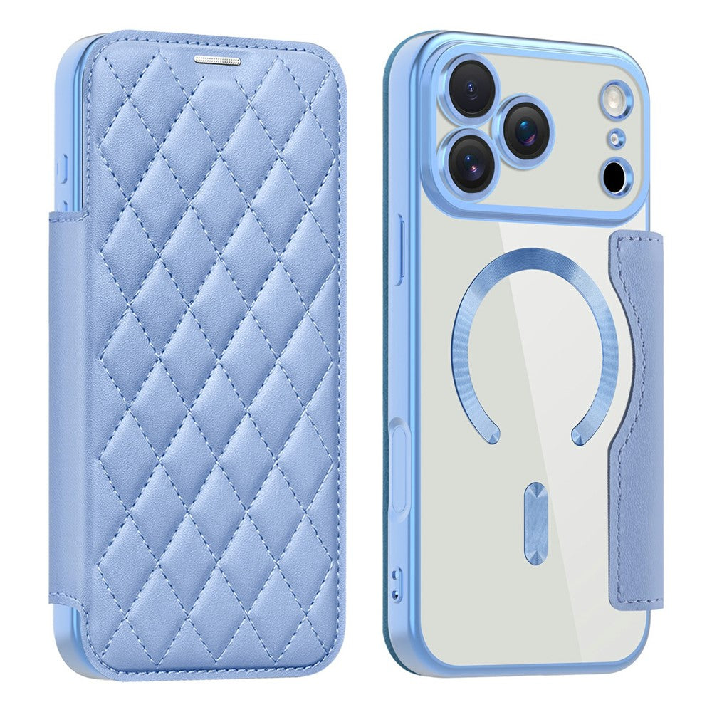 For iPhone 17 Pro Max Case Compatible with MagSafe Rhombus PU Leather Phone Cover - Blue