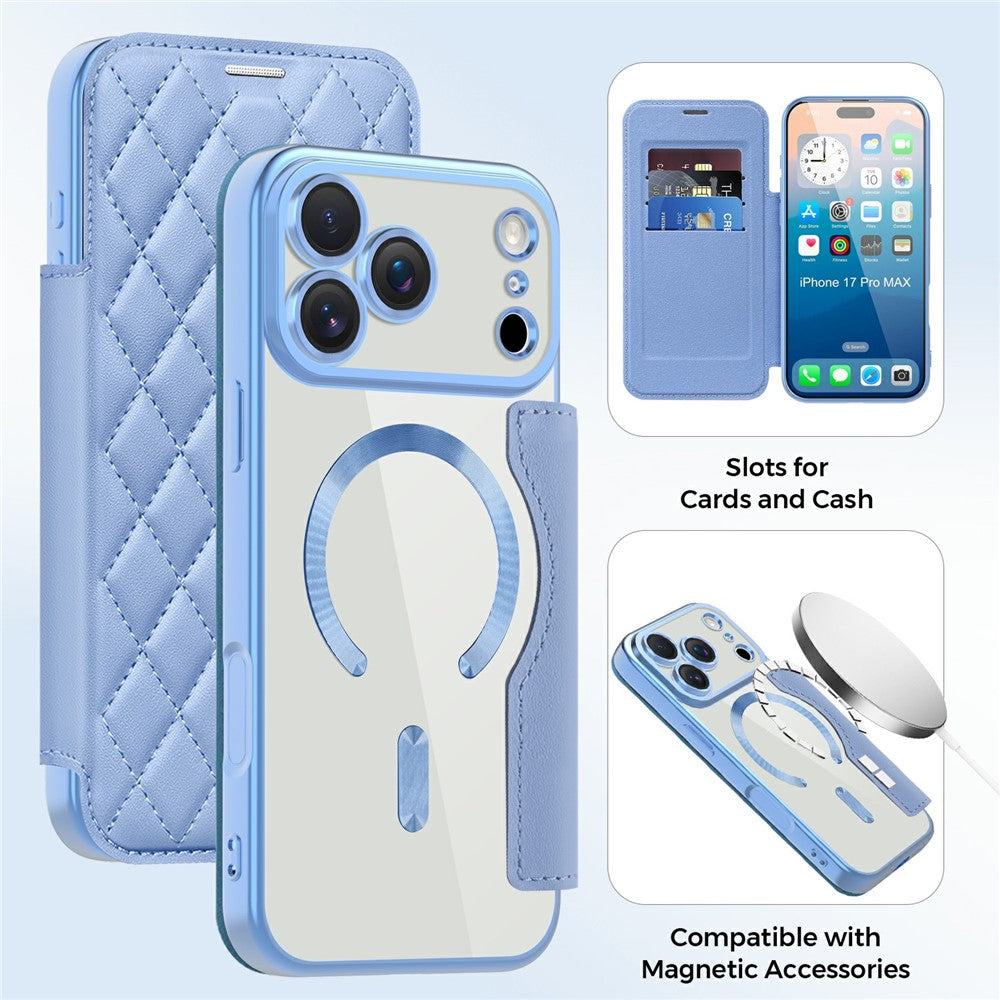 For iPhone 17 Pro Max Case Compatible with MagSafe Rhombus PU Leather Phone Cover - Blue