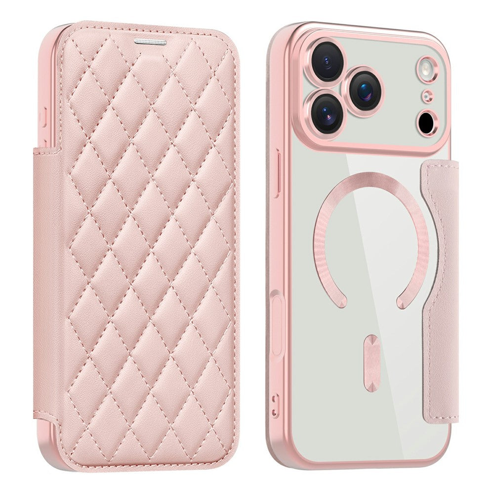 For iPhone 17 Pro Max Case Compatible with MagSafe Rhombus PU Leather Phone Cover - Pink
