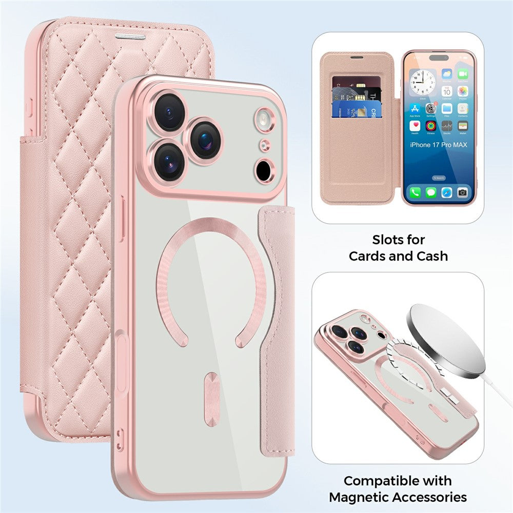 For iPhone 17 Pro Max Case Compatible with MagSafe Rhombus PU Leather Phone Cover - Pink