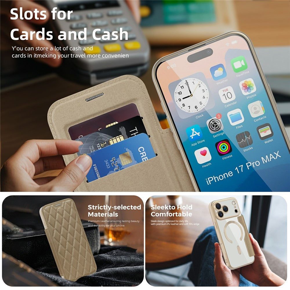 For iPhone 17 Pro Max Case Compatible with MagSafe Rhombus PU Leather Phone Cover - Desert Gold