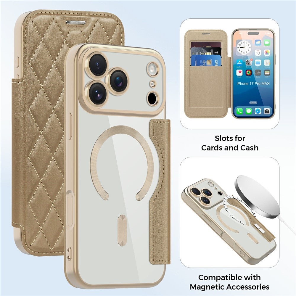 For iPhone 17 Pro Max Case Compatible with MagSafe Rhombus PU Leather Phone Cover - Desert Gold