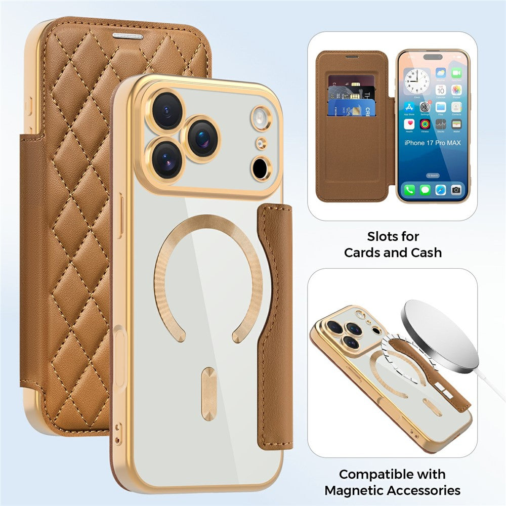For iPhone 17 Pro Max Case Compatible with MagSafe Rhombus PU Leather Phone Cover - Brown