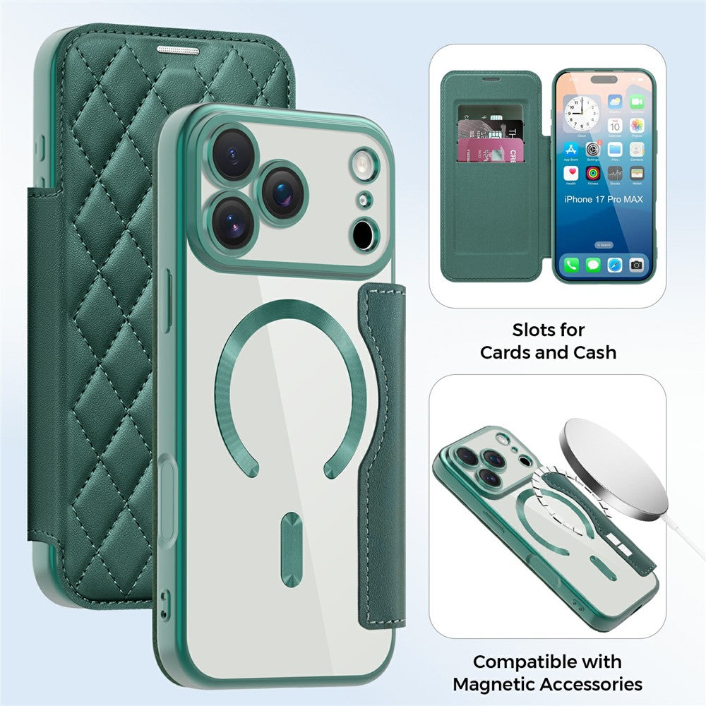 For iPhone 17 Pro Max Case Compatible with MagSafe Rhombus PU Leather Phone Cover - Blackish Green