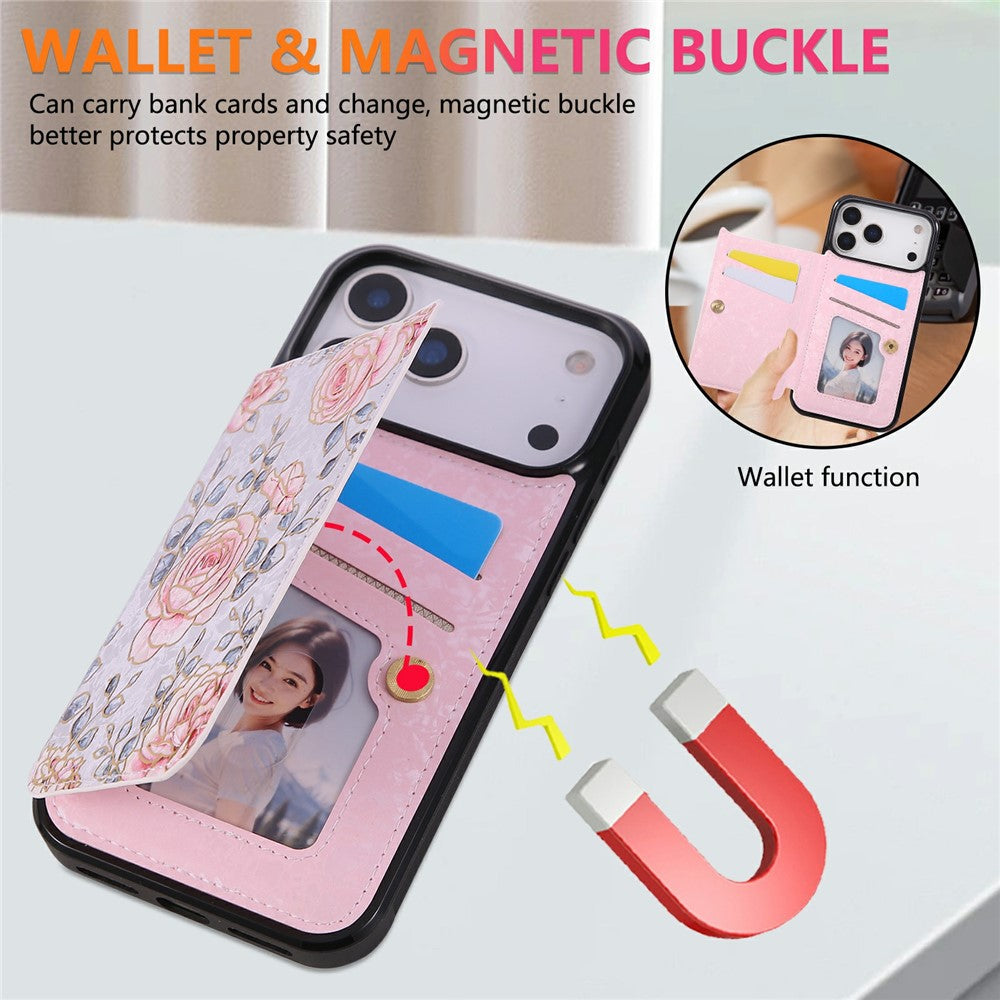 For iPhone 17 Pro Max Case Flower Leather TPU RFID Blocking Phone Cover Card Slots - Rose