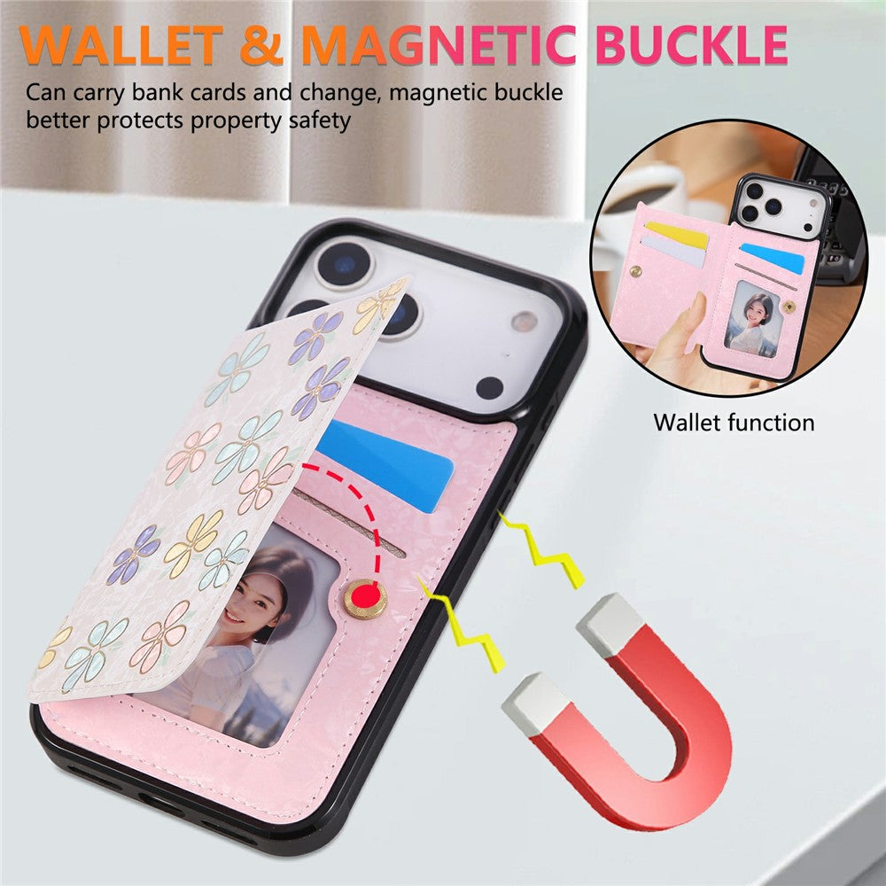 For iPhone 17 Pro Max Case Flower Leather TPU RFID Blocking Phone Cover Card Slots - Flowers