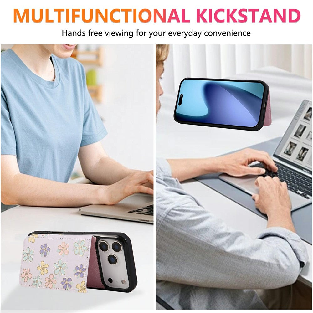 For iPhone 17 Pro Max Case Flower Leather TPU RFID Blocking Phone Cover Card Slots - Flowers