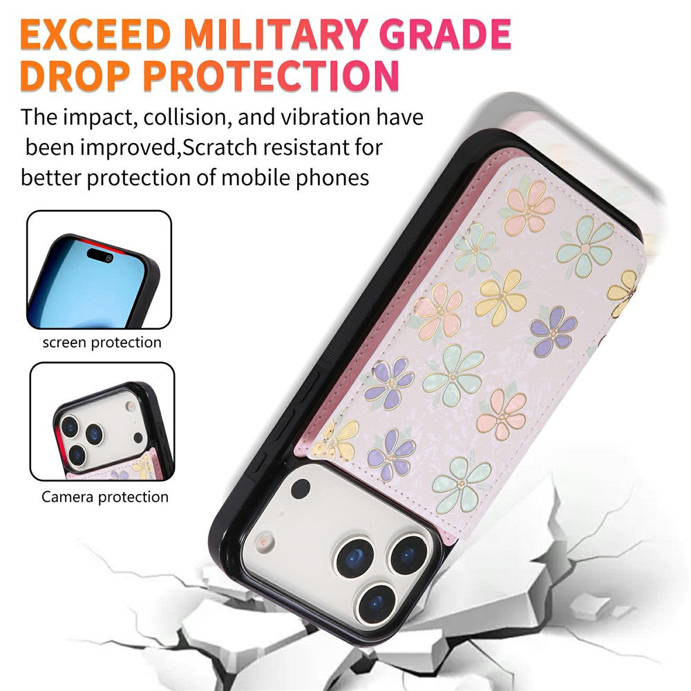 For iPhone 17 Pro Max Case Flower Leather TPU RFID Blocking Phone Cover Card Slots - Flowers