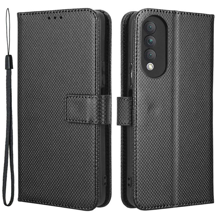 Magnetic Closure Cell Phone Cover For Honor X20 SE / Huawei nova 10z 4G, Diamond Texture PU Leather Stand Anti-fall Flip Wallet Phone Cover with Strap - Black