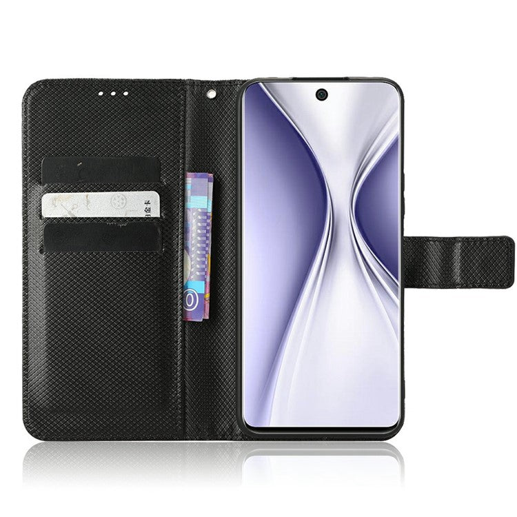 Magnetic Closure Cell Phone Cover For Honor X20 SE / Huawei nova 10z 4G, Diamond Texture PU Leather Stand Anti-fall Flip Wallet Phone Cover with Strap - Black