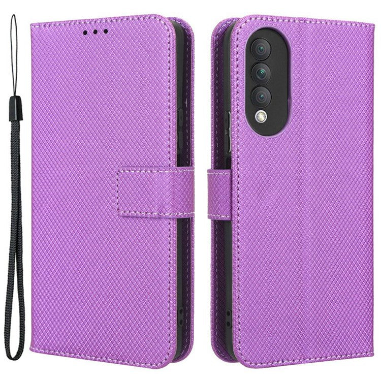 Magnetic Closure Cell Phone Cover For Honor X20 SE / Huawei nova 10z 4G, Diamond Texture PU Leather Stand Anti-fall Flip Wallet Phone Cover with Strap - Purple