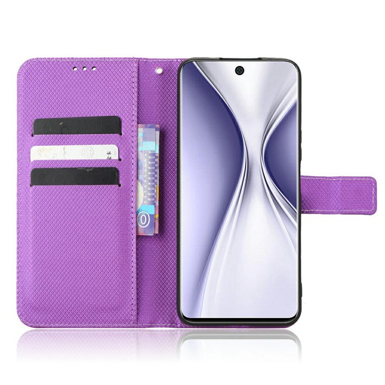 Magnetic Closure Cell Phone Cover For Honor X20 SE / Huawei nova 10z 4G, Diamond Texture PU Leather Stand Anti-fall Flip Wallet Phone Cover with Strap - Purple
