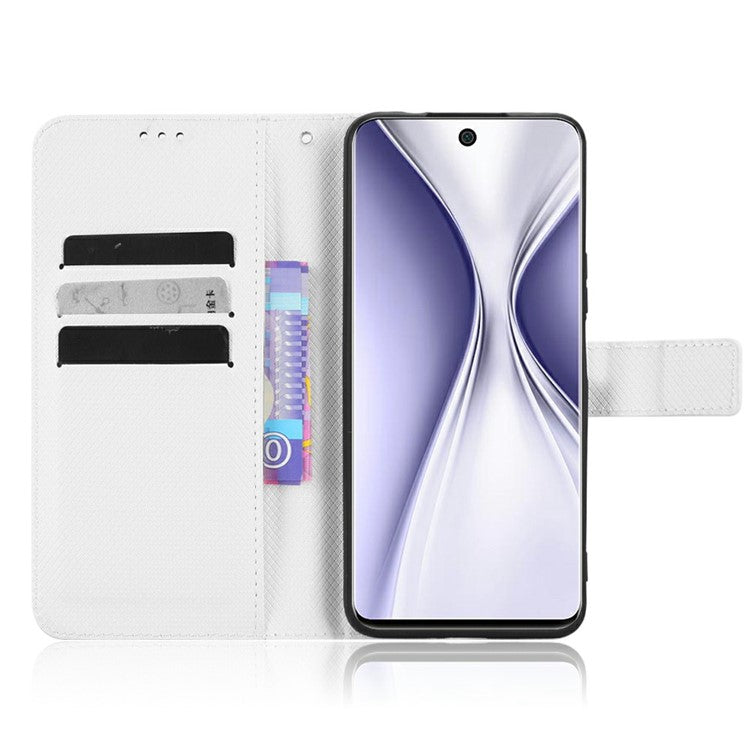 Magnetic Closure Cell Phone Cover For Honor X20 SE / Huawei nova 10z 4G, Diamond Texture PU Leather Stand Anti-fall Flip Wallet Phone Cover with Strap - White