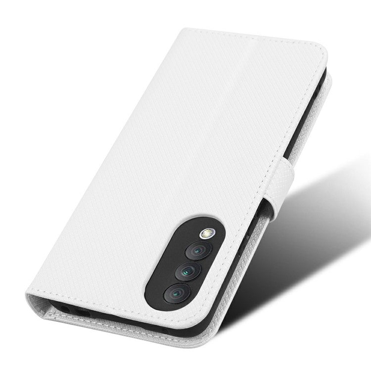 Magnetic Closure Cell Phone Cover For Honor X20 SE / Huawei nova 10z 4G, Diamond Texture PU Leather Stand Anti-fall Flip Wallet Phone Cover with Strap - White