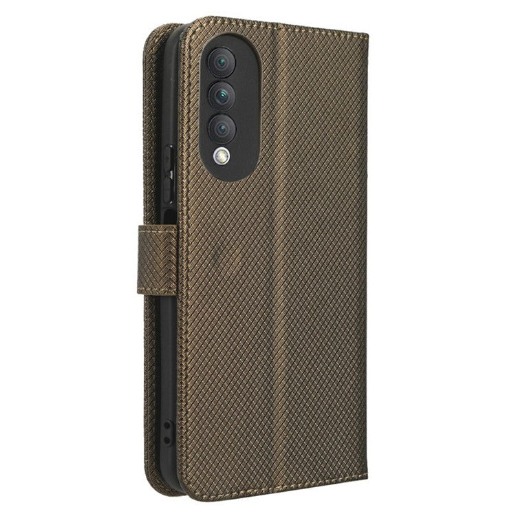 Magnetic Closure Cell Phone Cover For Honor X20 SE / Huawei nova 10z 4G, Diamond Texture PU Leather Stand Anti-fall Flip Wallet Phone Cover with Strap - Brown