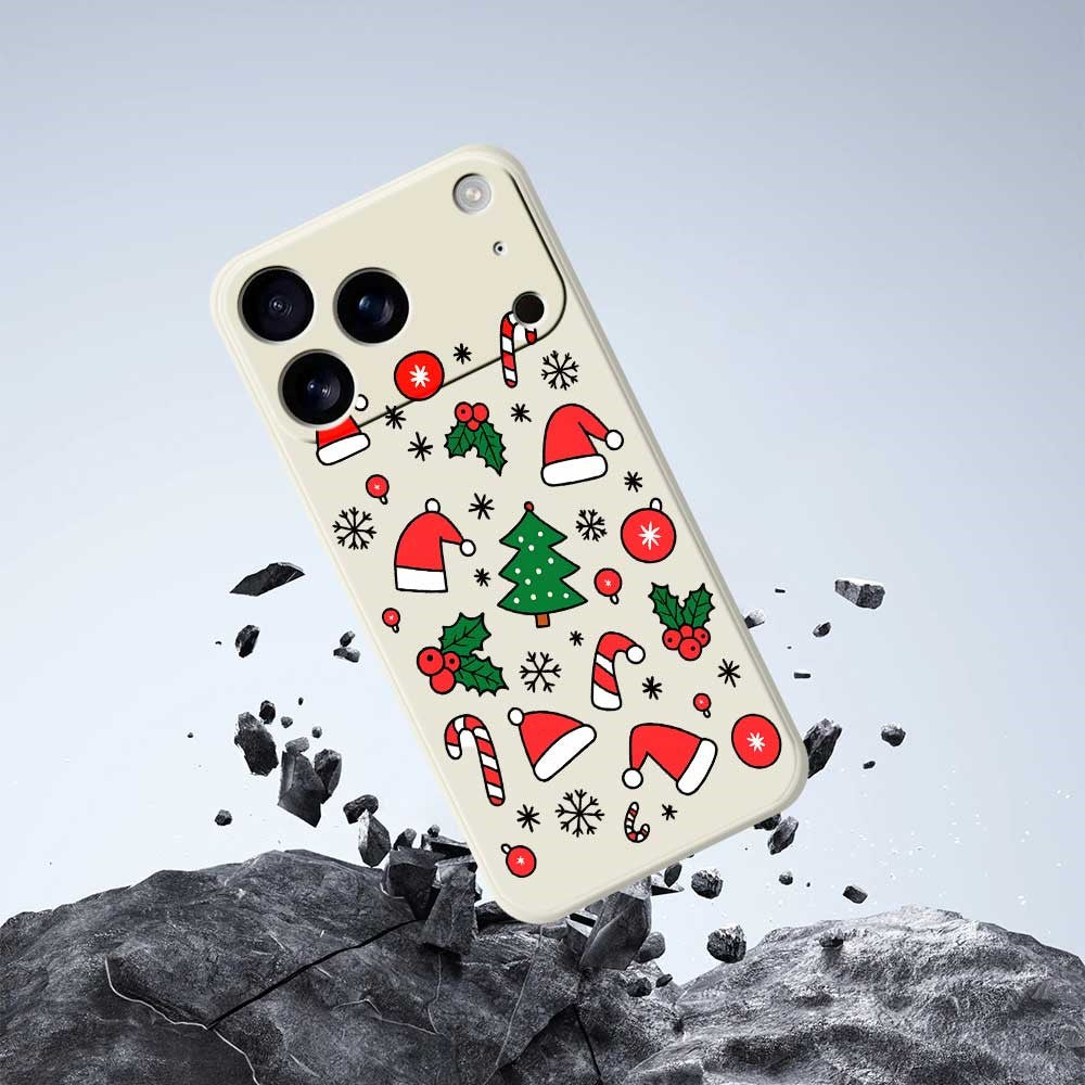 For iPhone 17 Pro Max Case Santa Hats and Canes Pattern Printing Straight Edge TPU Phone Back Cover - Beige