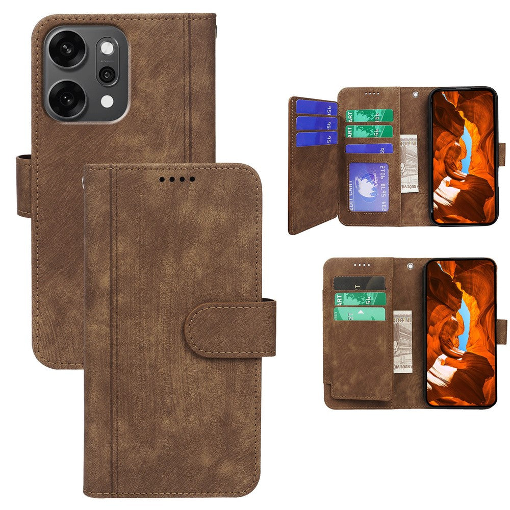 For Oppo Reno14 Pro 5G (Global) Leather Case Line Pattern Wallet Phone Cover with 9 Card Slots - Brown