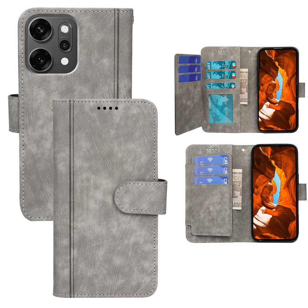 For Oppo Reno14 Pro 5G (Global) Leather Case Line Pattern Wallet Phone Cover with 9 Card Slots - Grey