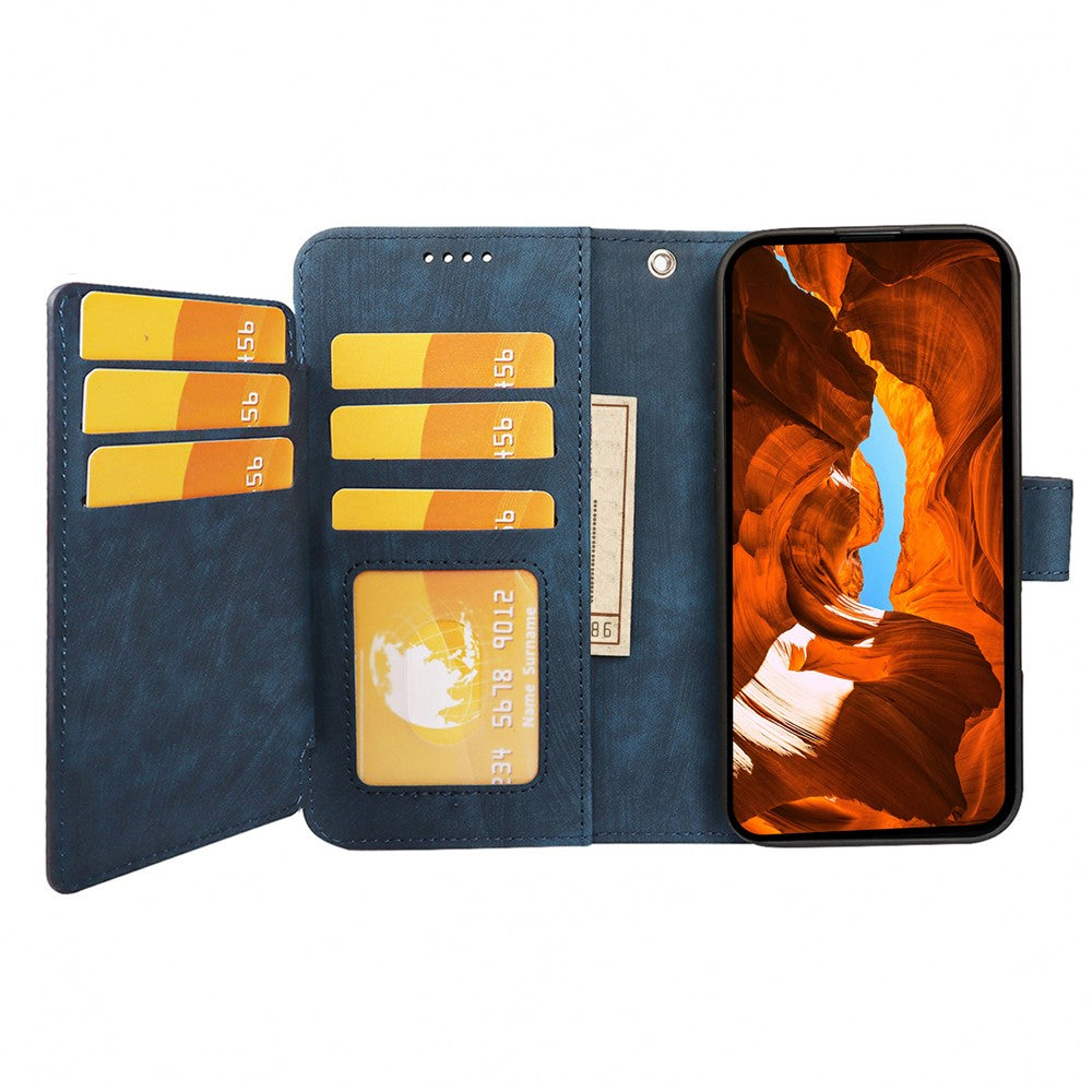 For Oppo Reno14 Pro 5G (Global) Leather Case Line Pattern Wallet Phone Cover with 9 Card Slots - Blue