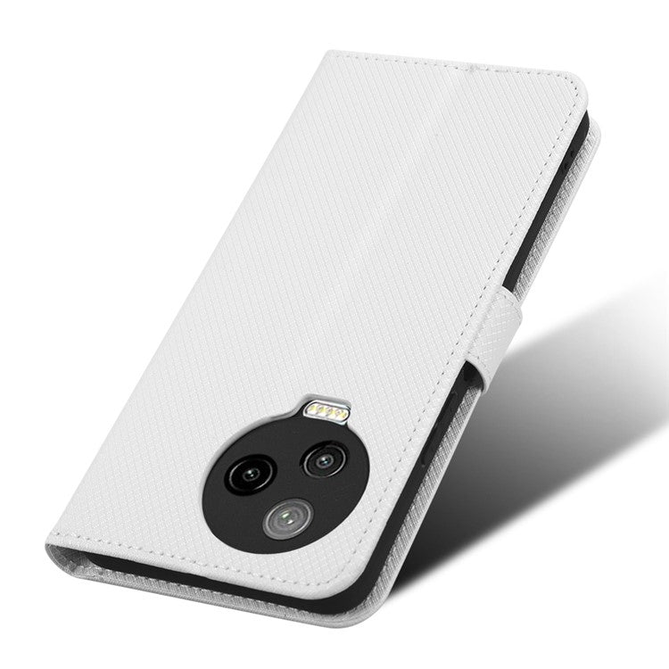 For Infinix Note 12 Pro 4G X676B Fully Wrapped Diamond Texture PU Leather Stand Magnetic Clasp Case Wallet Phone Cover - White