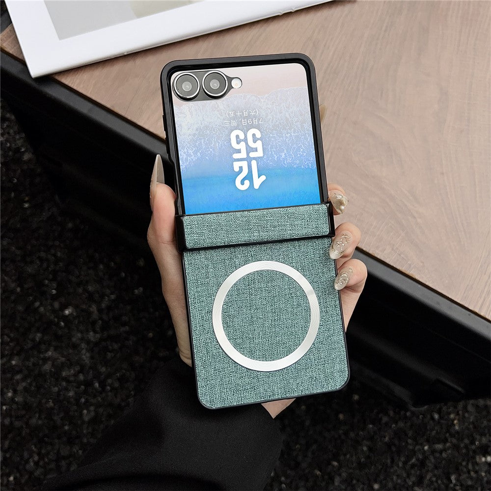 For Samsung Galaxy Z Flip7 5G Magnetic Case Leather + PC Phone Cover with Rear Screen Film and Hinge - Green
