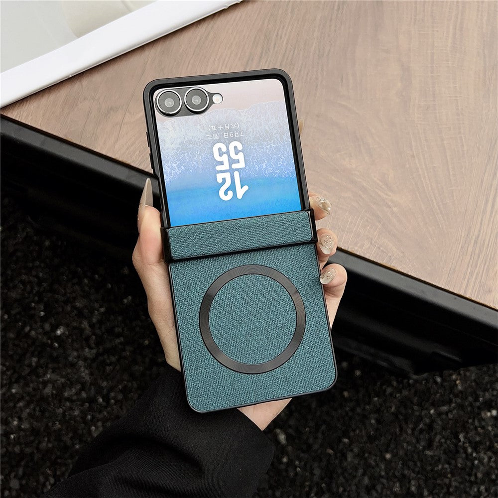 For Samsung Galaxy Z Flip7 5G Magnetic Case Leather + PC Phone Cover with Rear Screen Film and Hinge - Blue